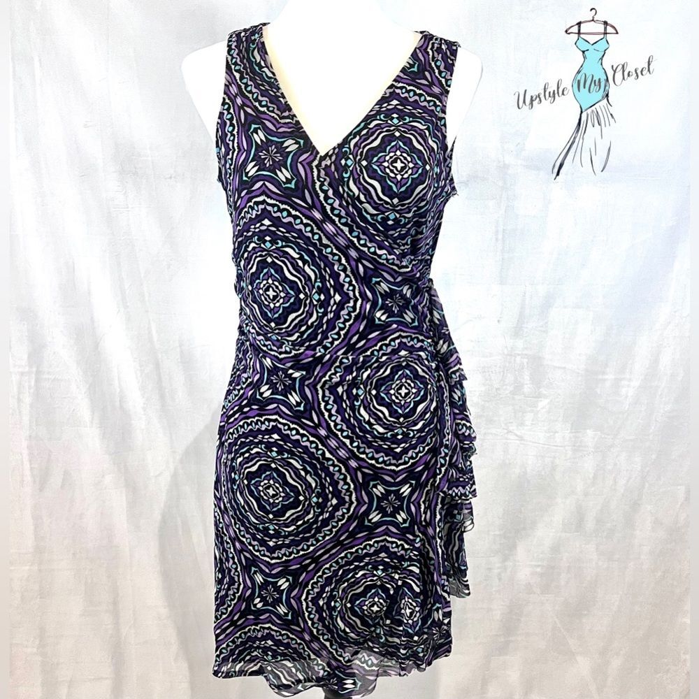 New York & Company Stretch purple and aqua abstract print dress size medium